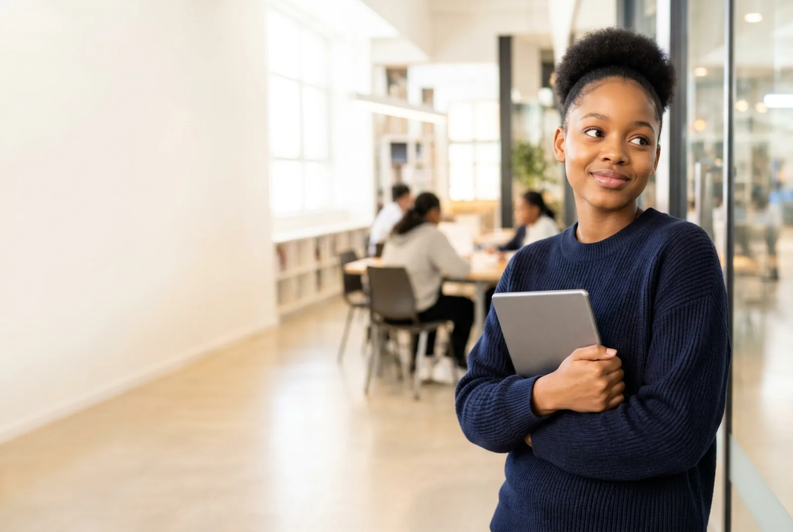 A South African learner holding a tablet in a bright, modern learning space